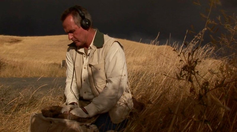 Gordon crouches in a dry grass field, listening.