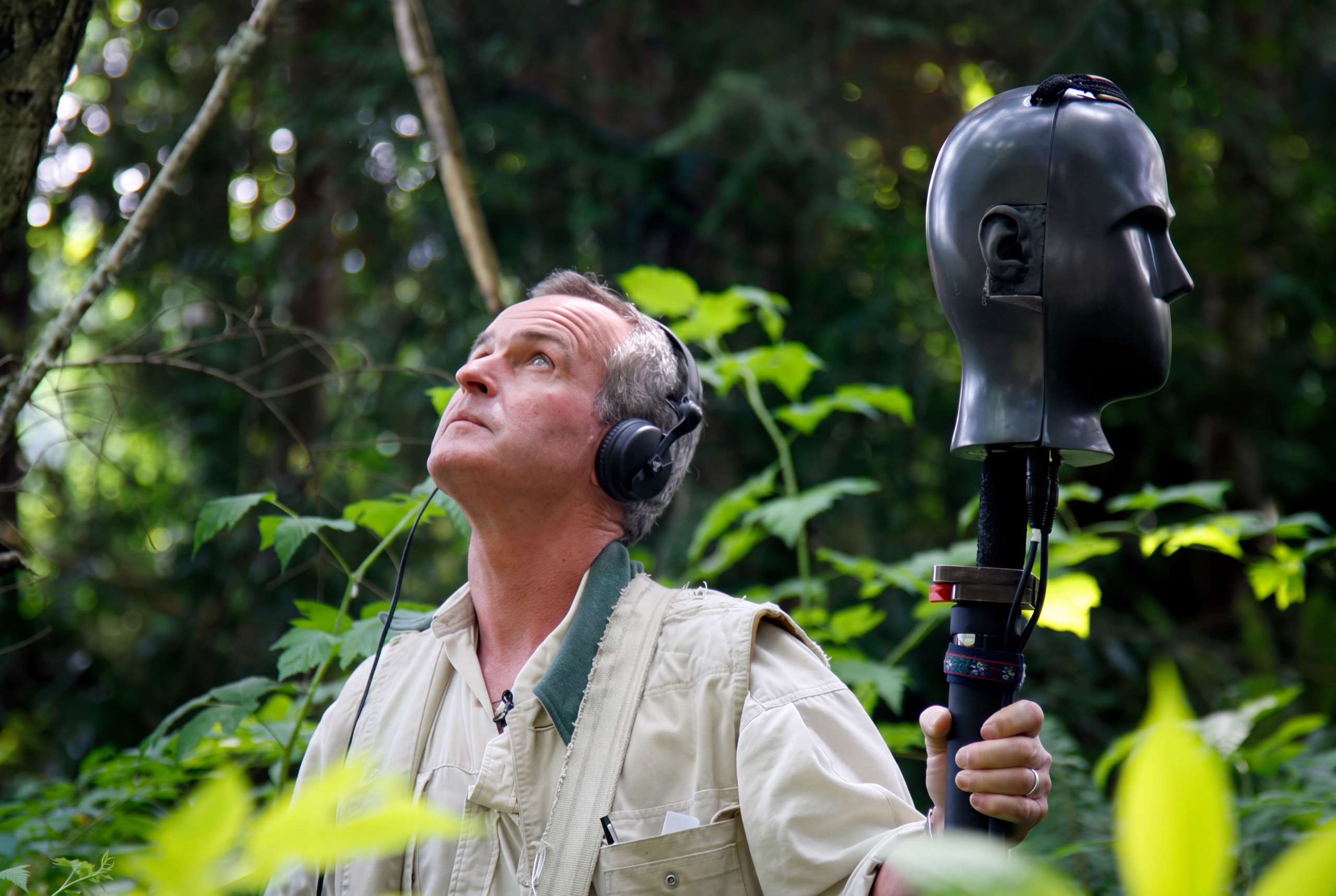 Gordon Hempton making a field recording with his human-head microphone, affectionately named “Fritz”.